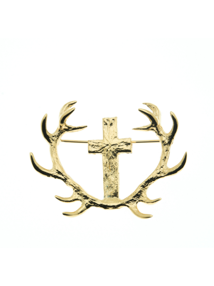 Broche Chasse Saint Hubert – Cerf, Croix, Cor, Argenté, France 1900-1930